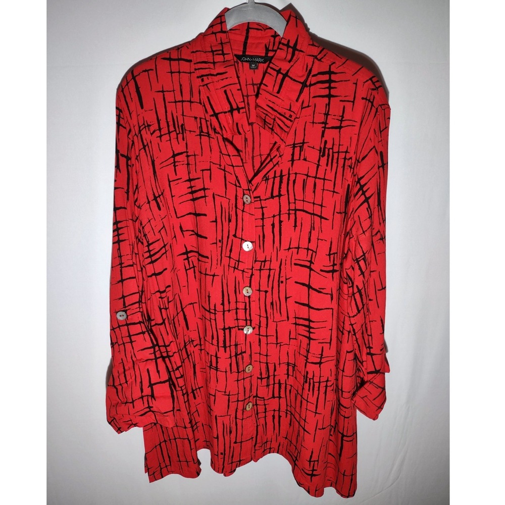 JOHN MARK Women's Red Black Abstract Print Button Front Roll Tab Sleeve Tunic 1X